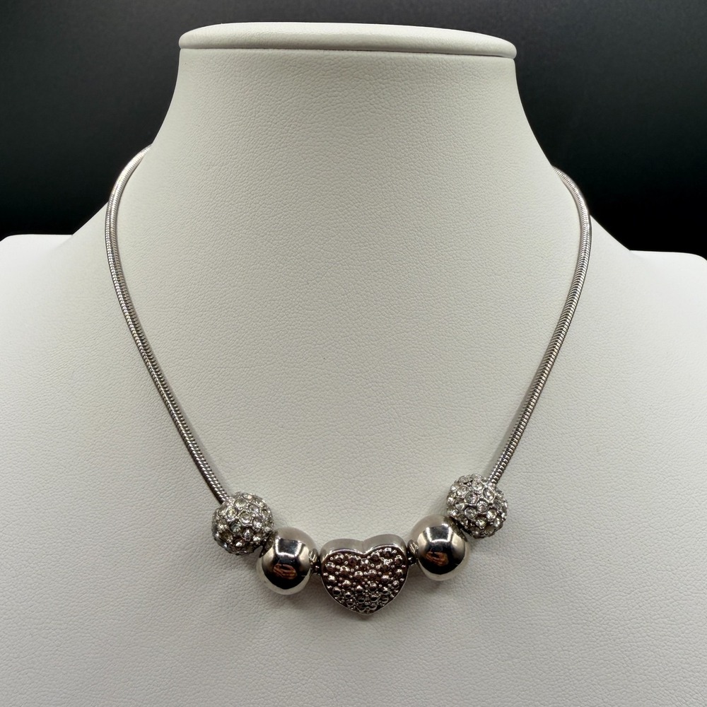 Silver Tone Rhinestone Heart Bead Snake Chain Necklace Romantic Glam Jewelry